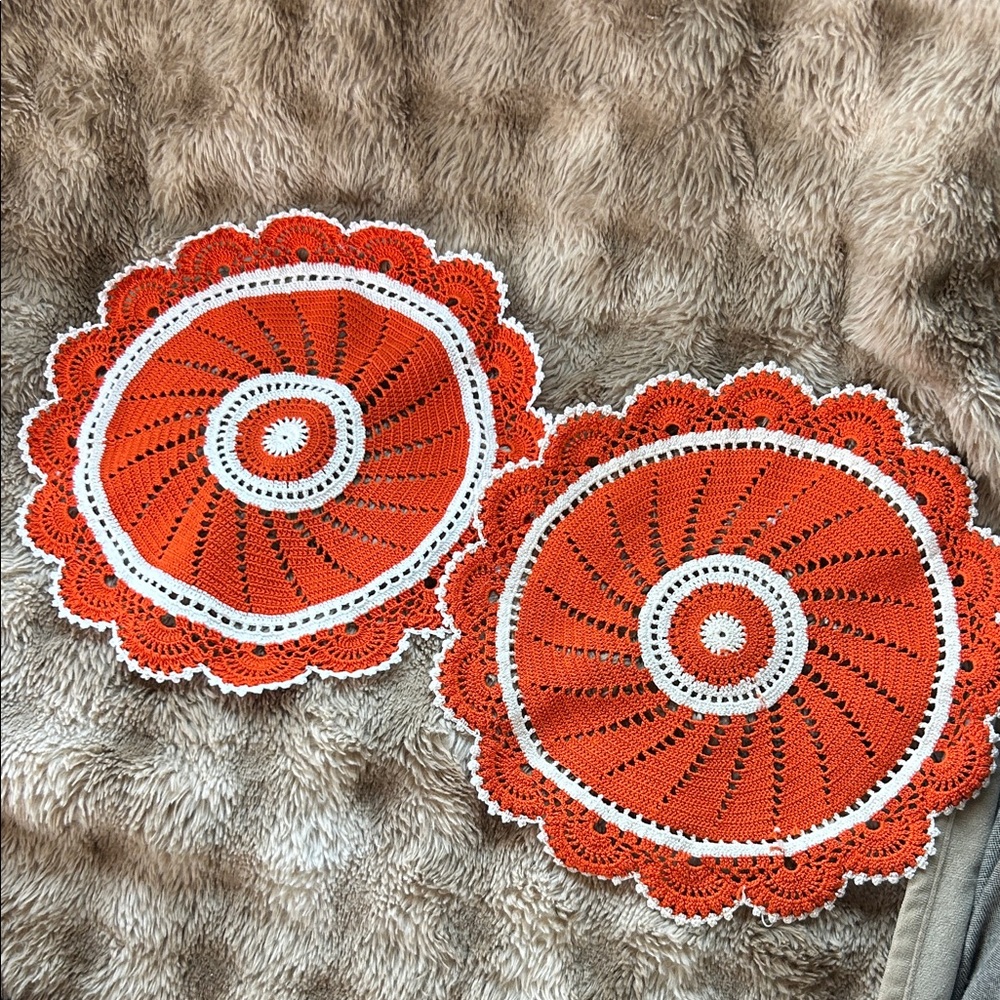 Handmade Orange and White Crochet Doilies - Set of 2